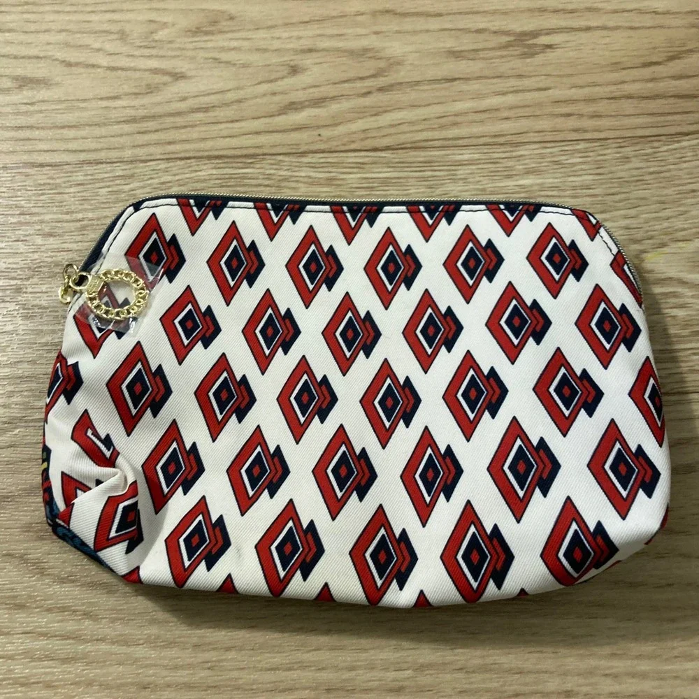 Estee Lauder Makeup Bag Womens Large Red White Blue Geometric Tapestry NEW‎